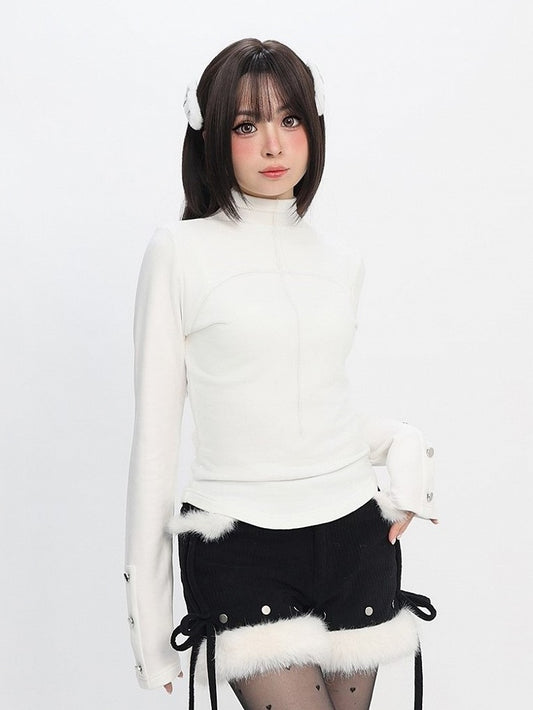 Neck Daily Sleeve Kawaii Studded with White Mock Long Design Top Accents