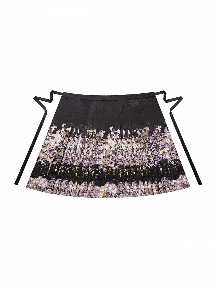 Black & Purple Jacquard Mamian Skirt with Butterfly & Floral Motif - Hua Xian Ji Hanfu