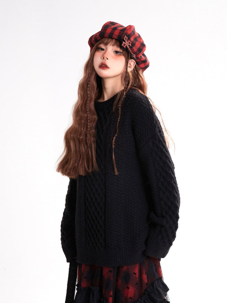 ブラックラウンドネックルーズセーター