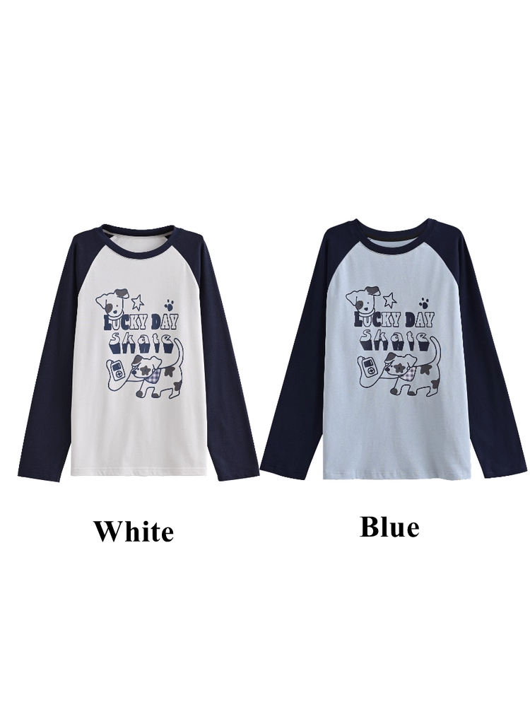 Top White/Blue Colorblock Design Adorable Puppy Print Loose