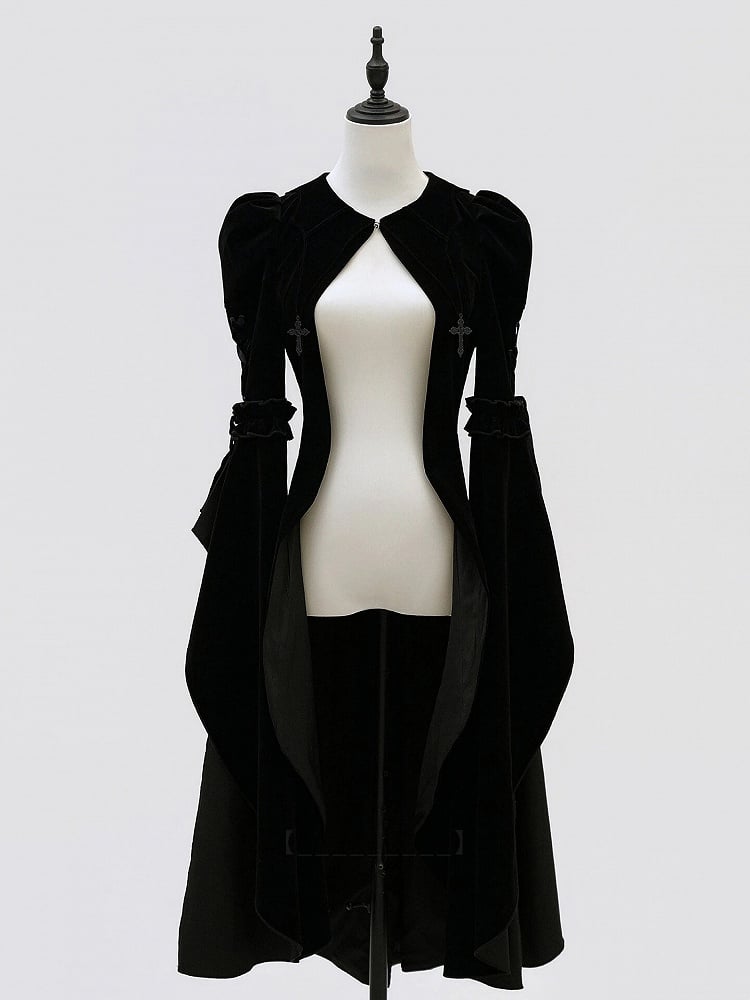 Collar Curved Lolita Sleeves Gothic with and Flounced Coat Black