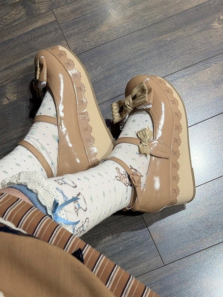 Khaki Shoes Hem Striped Lace-trimmed Scalloped - Sweet Platform Bow in Lolita
