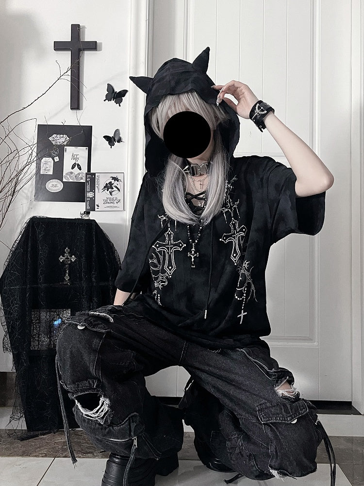 Devil Sleeve Gothic BlackGray Print Hoodiewith Horn HoodCross Short Tie-Dye