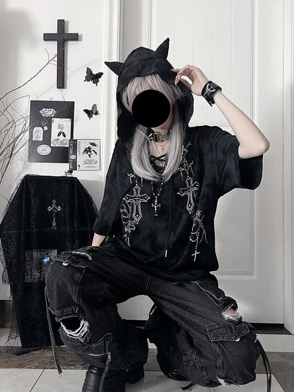 Devil Sleeve Gothic BlackGray Print Hoodiewith Horn HoodCross Short Tie-Dye