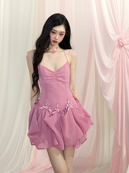 Chiffon Two V-Neck Bowknot Pink Dress Accents Ways Wear Halter Neck Backless Slip