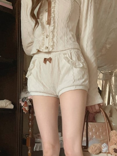 Brown Detail Lace-Trimmed With Shorts Knit Pocket Fleece Bow White