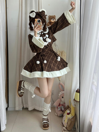 for Coat Lolita Dress Sweet and Paired Autumn with Winter Cherry Brown Embroidered Plaid
