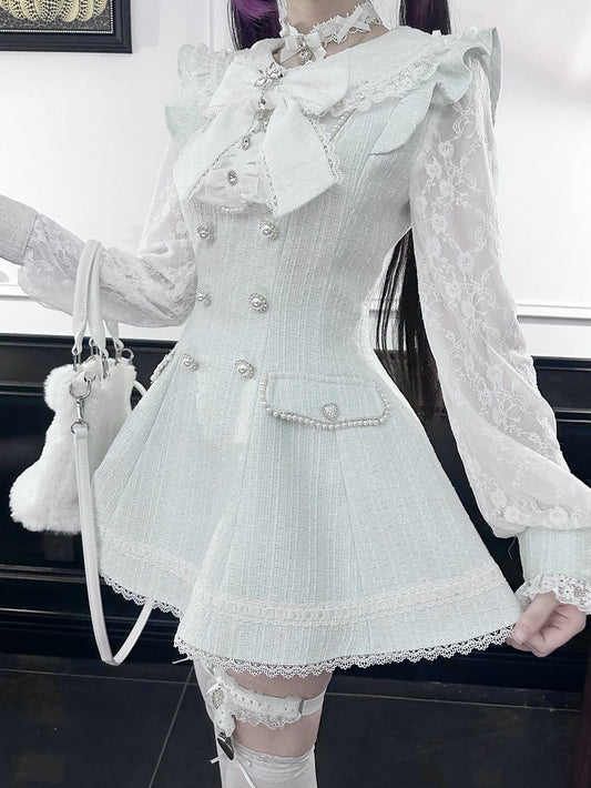 Tweed Shorts Long-Sleeve Matching Lace Kei Blue Fresh Light Dress Jirai + Set