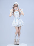 Blue Gingham Ryousangata Fashion Overall Skort with Rhinestone Bow & Lace Details - Broken Bear