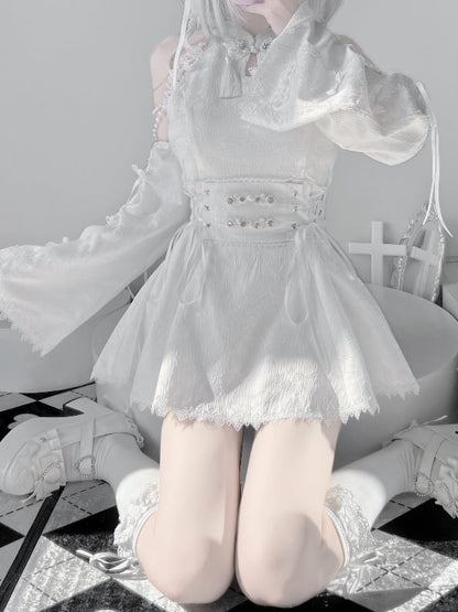 Jirai Kei White Jacquard Cheongsam with Set Detacable Collar Waist Chain+Lace-up Top Beaded Shorts