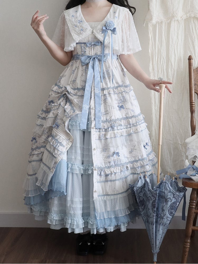 Floral Layered Ruffles Long Elegant Lolita White Version Print Dress Blue Classic