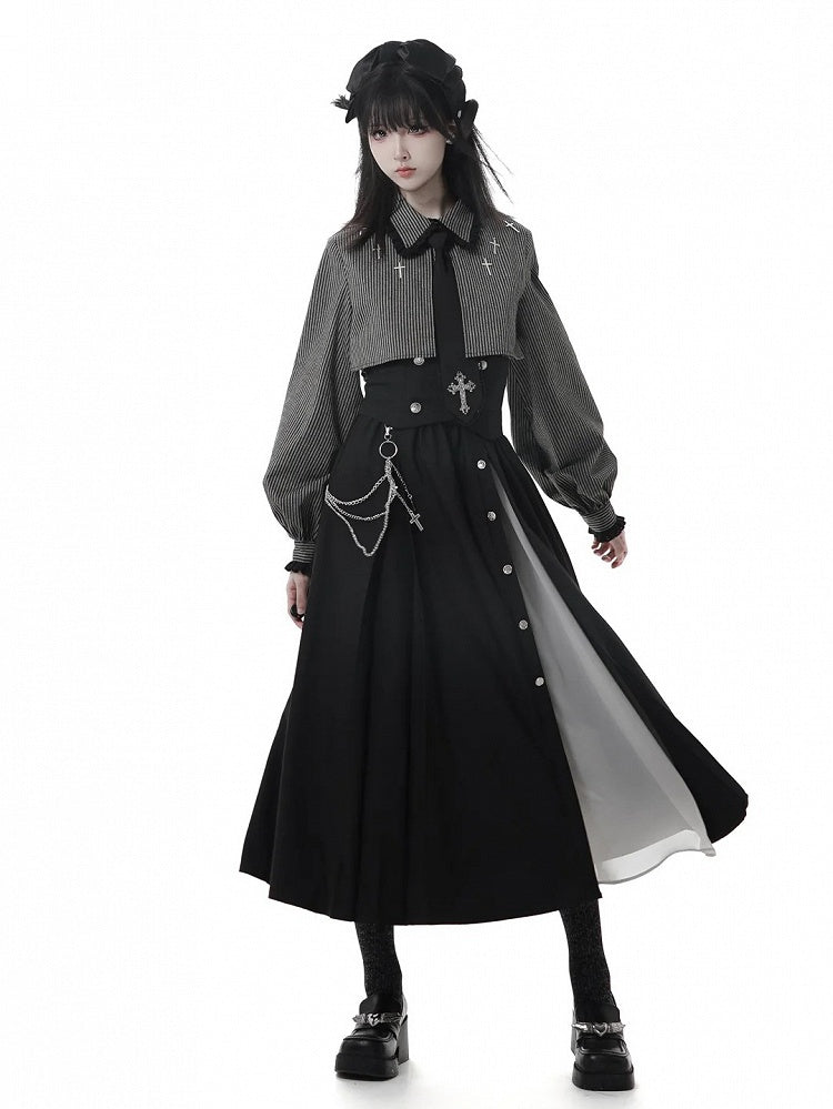 with Gothic Long | White Cross Skirt Elastic Chiffon Waist Black Chain Slit