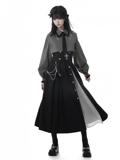 Gray Gothic Cross Black Oversized Shirt Collar Two-Piece Faux Dark Details Stripe Lace and Cuffs with |