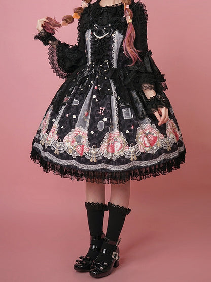ロリータ スイート ブラック ストロベリー ジャンパー プリント スカート