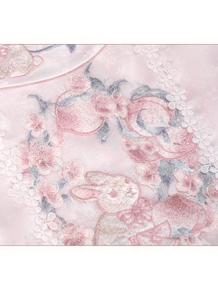 Modern Hanfu Lolita Blouse with Rabbit & Peach Embroidery - Yimu Walnut
