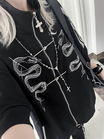 Sleeves Cheongsam EmbroideryStriped White Style Black Gothic Tracksuit Jacketwith Short Snake