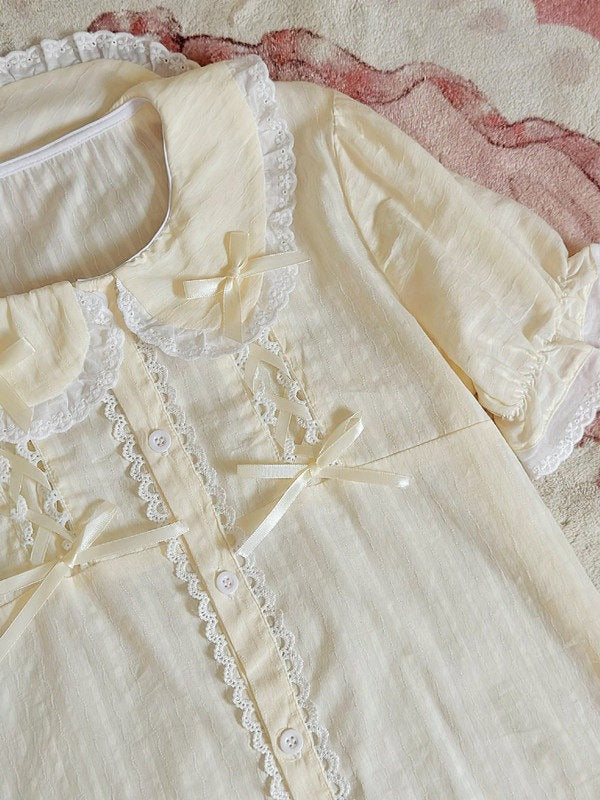 Beige Sweet Peter Pan Collar Short Sleeve Cotton Blouse Lolita - Jelly Girl