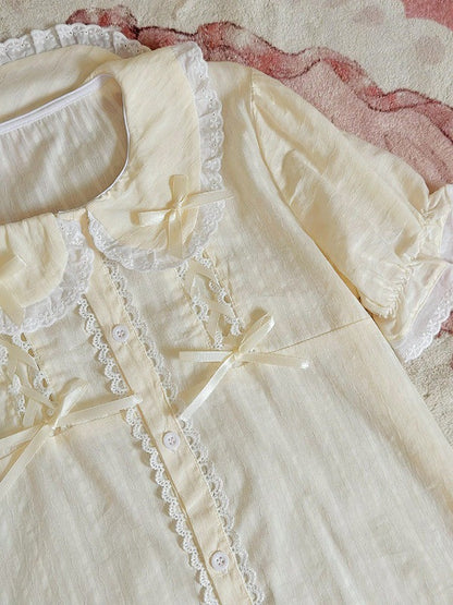 Beige Sweet Peter Pan Collar Short Sleeve Cotton Blouse Lolita - Jelly Girl