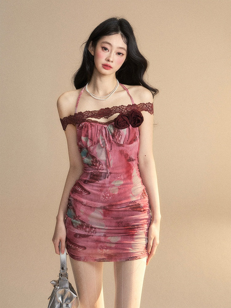 Dress Neck Accents Rosette Red Halter Rose Butterfly Print Backless Bodycon Mini