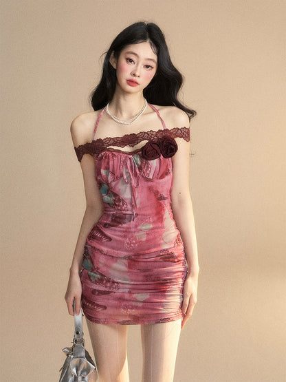 Dress Neck Accents Rosette Red Halter Rose Butterfly Print Backless Bodycon Mini