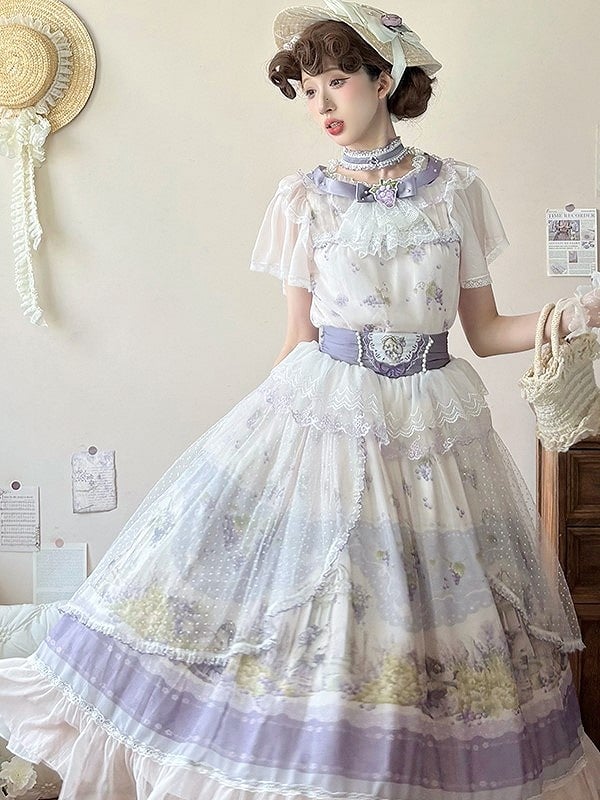 Set Elegant Top Classic Full Purple - Grape-Print Necklace Skirt + Lolita