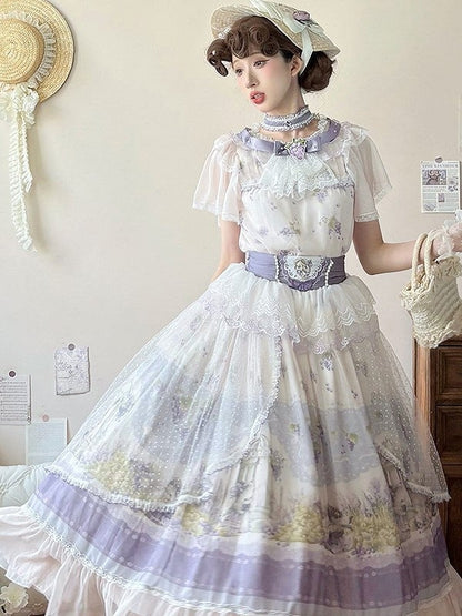 Set Elegant Top Classic Full Purple - Grape-Print Necklace Skirt + Lolita