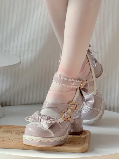 Bow Ball Mary Transparent with Platform Purple Shoes PU Heels Jane Sweet Decoration