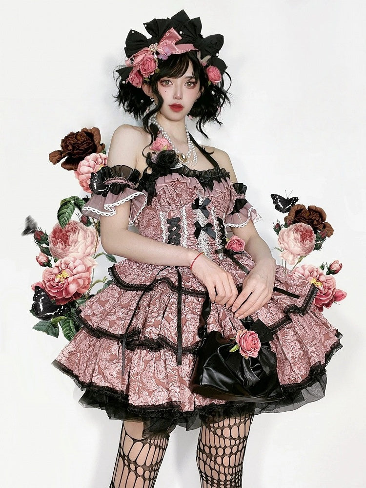 Lolita JSK with and Pink Texture Floral Dark Dress Black Skirt Multi-Layered