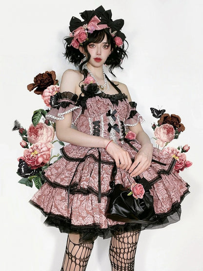 Lolita JSK with and Pink Texture Floral Dark Dress Black Skirt Multi-Layered