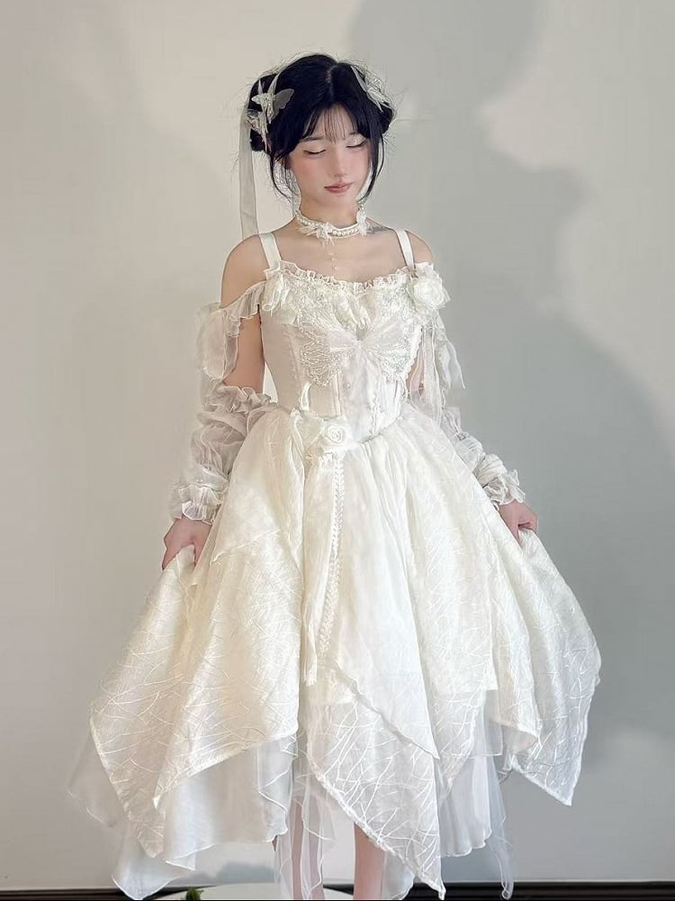 Elegant Asymmetrical Hem Bow Motif Lolita JSK Dress in White - Sweet Wood Lolita