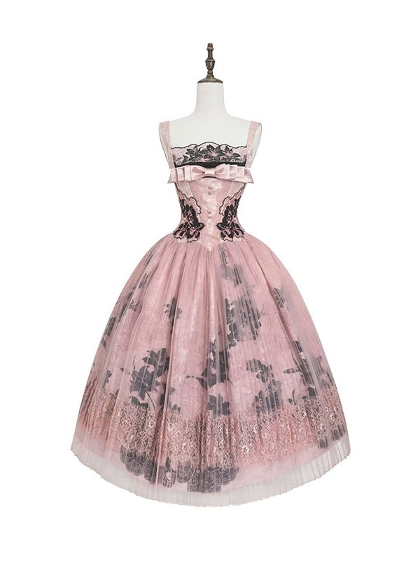 Floral Embroidered Cheongsam Overlay JSK Gown with Lace-Up Back, Champagne and Pink - Yimu Walnut