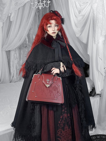 Neckline Embroidered Square Dress+Blouse+Cape+Brooch Set Red Lolita Black Gothic
