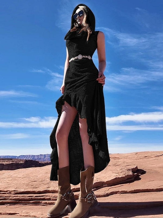 Dress Cuffs Detachable Wasteland Hooded Thigh Halloween Sleeveless Slit Black with Mermaid