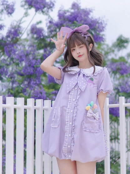 Light Purple Peter Pan Collar Puff Sleeve Grape Bubble Skirt Dress