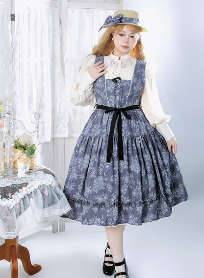 Gray & White Rosette Print Elegant Classic Lolita JSK Dress with Lace Trim