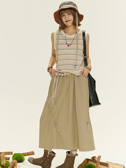 Vintage with Silhouette Design Drawstring Khaki Shirt A-Line