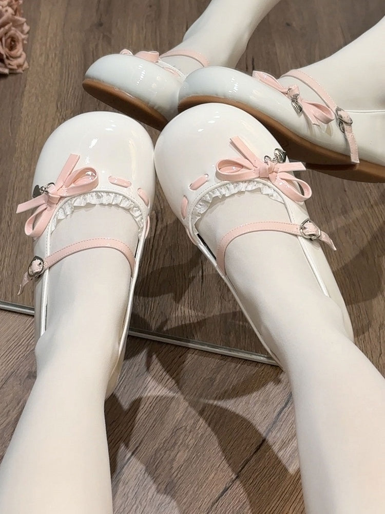 Heart-Shaped Flats Knotted Lolita Sweet Lace Delicate with Round-Toe Pink Bow Trim Accent Buckle - White