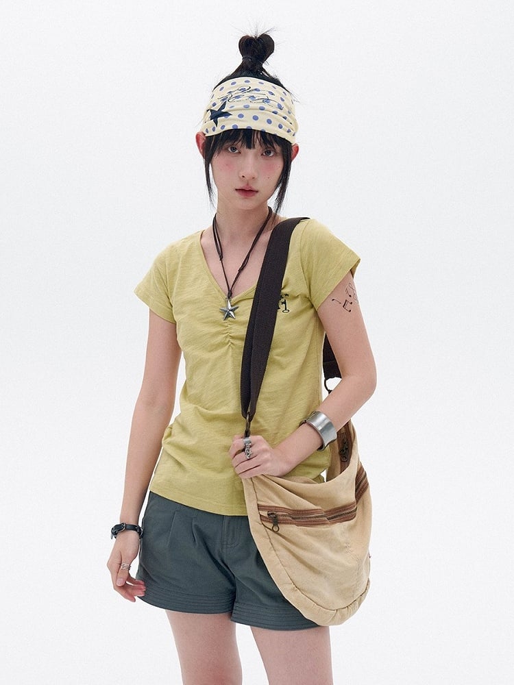 Light Green Cotton V-Neck Tee with Key Embroidery - innomoood