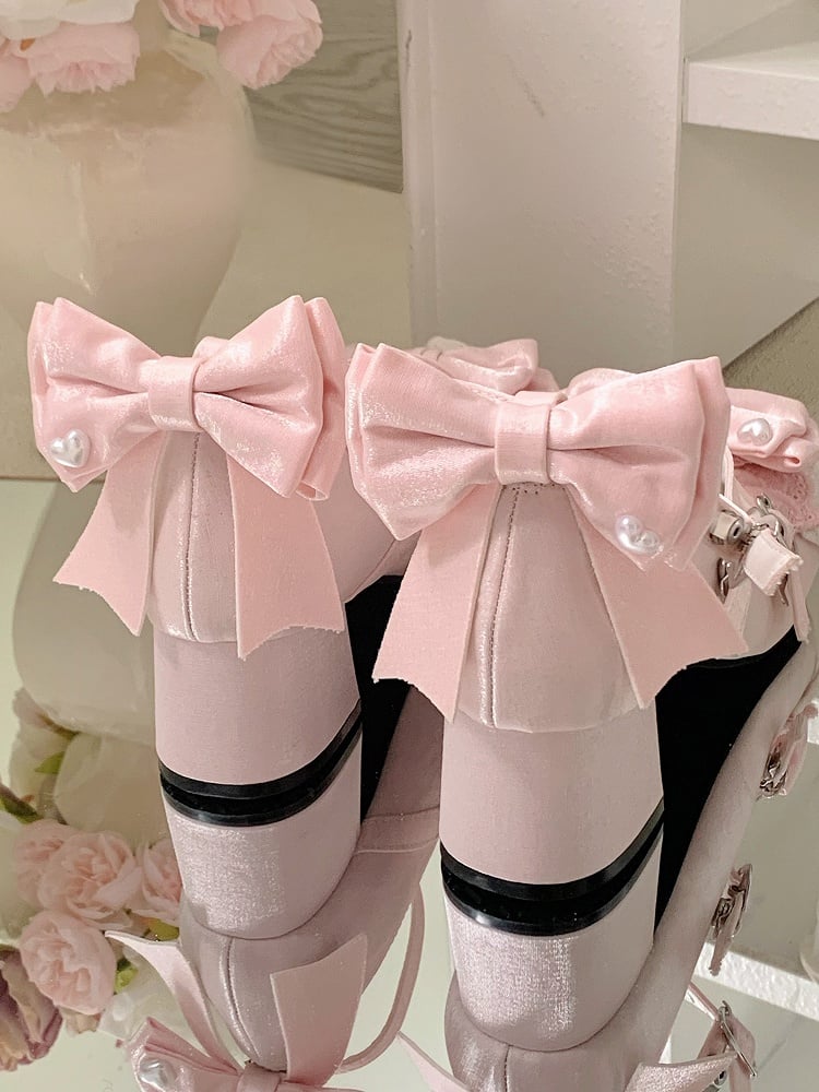 Top Bow Heart Design Detachable Straps Sweet Ankle Crisscross at Shoes Dual Pink Buckles Buckle Lolita With