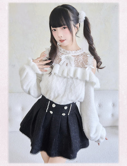 フリルトリム ホワイト ジライカイ コントラスト レースパッチ セーター カットアウト ショルダー ボウノット