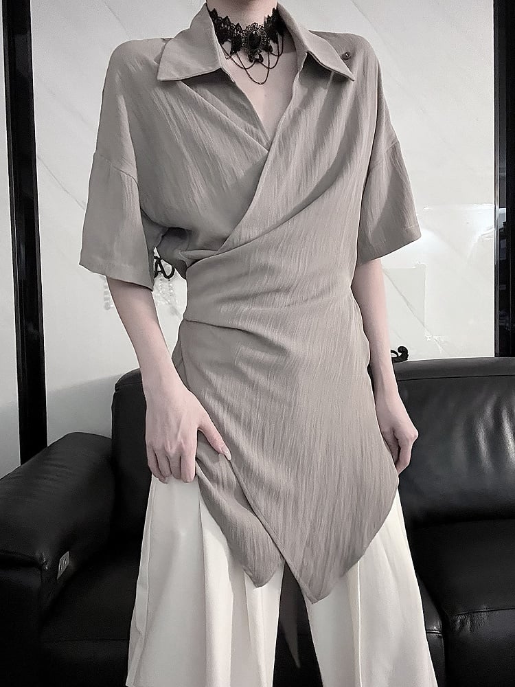 Top - Versatile Drop Shoulder Gray Short Sleeve Styling Neckline Crossover