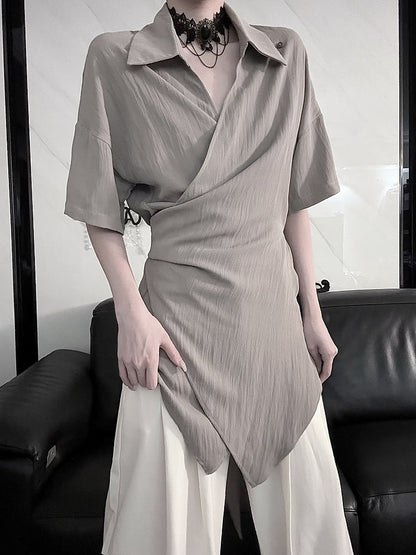 Top - Versatile Drop Shoulder Gray Short Sleeve Styling Neckline Crossover