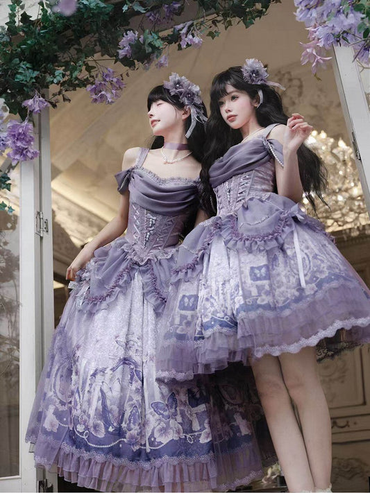 Skirt Elegant Purple and Classic Butterfly Top Waist Corset + Floral Boned Set Lolita Print
