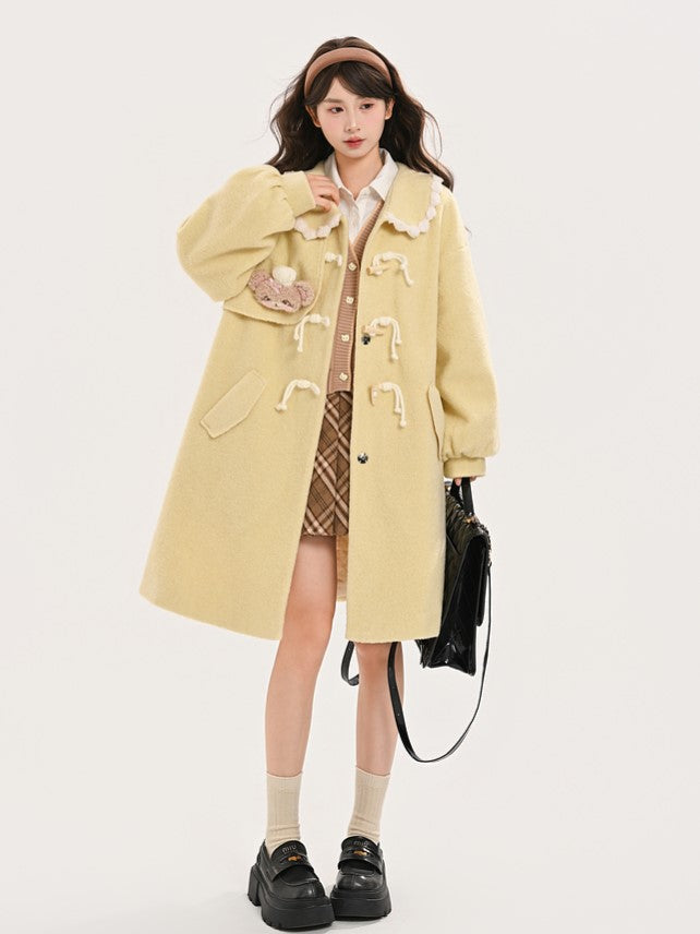 Pan Trim Long Coat and Plush Peter Collar with Yellow