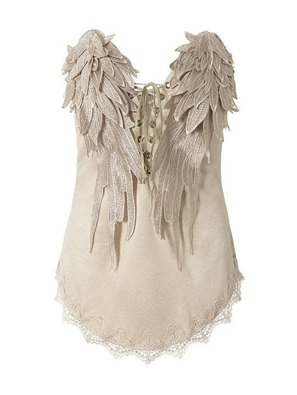 Beige Wing-Embroidered Corset Top with Lace Accents - NO ROMANCE