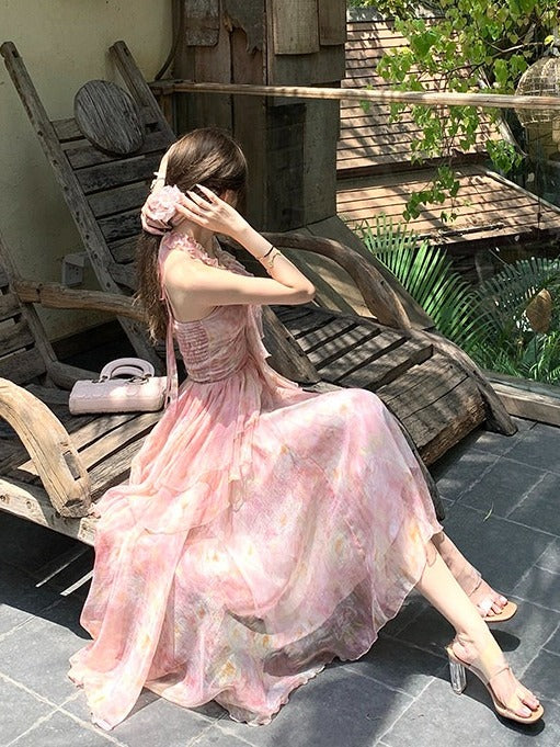 Pink Oil Painting Print Ruffle Trim Summer Holiday Dress - Qchiwawameme