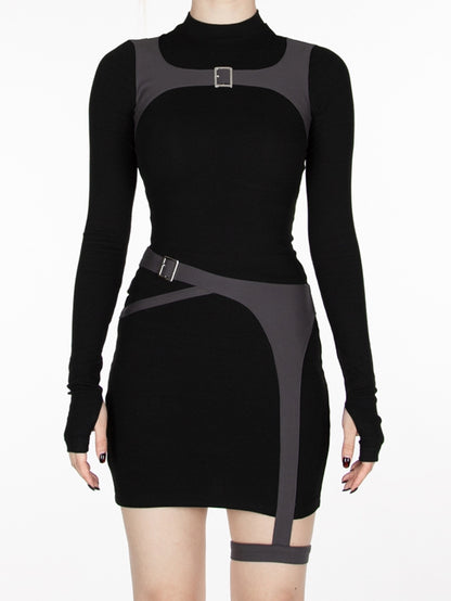 Cyberpunk Futuristisches Kleid mit Schnallenriemen in Schwarz und Grau, Taillengürtel und Harness, All-in-One mit Strumpfband