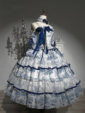Dress Porcelain-Inspired 120CM-Length Blue Princess White Hanayome-Style Elegant Lolita