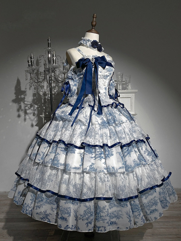 Dress Porcelain-Inspired 120CM-Length Blue Princess White Hanayome-Style Elegant Lolita