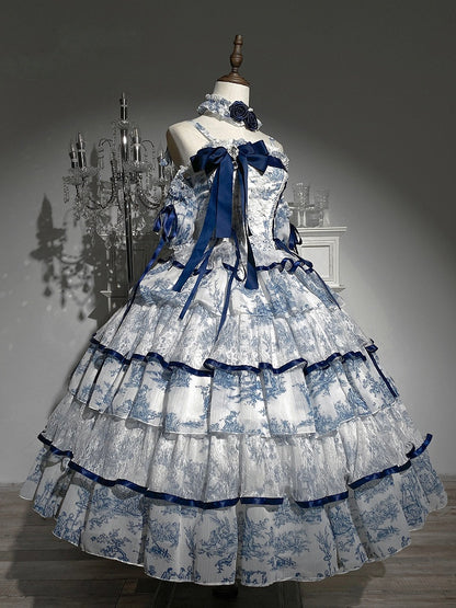 Dress Porcelain-Inspired 120CM-Length Blue Princess White Hanayome-Style Elegant Lolita